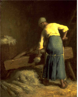 장 프랑수아 밀레, 『아마(린넨)를 자르는 농민 (Peasant Woman Bruising Flax)』 캔버스에 유채,1850년~ 1851년45.8cm x 37.2cm /월터스 미술관 소장