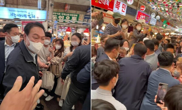 윤석열 대통령의 소탈 행보가 화제다. 윤 대통령이 취임 후 첫 주말인 14일 서울 종로구 광장시장을 방문하고 있다. 대통령실은 윤 대통령이 부인 김건희 여사와 함께 광장시장을 찾아 빈대떡과 떡볶이 등을 포장 구매했다고 밝혔다. /독자 제공=연합뉴스