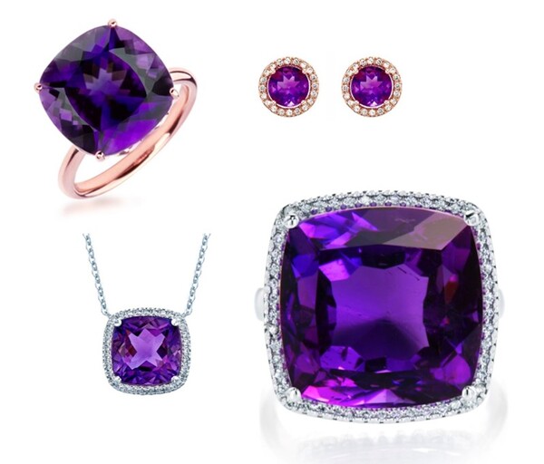 자수정은 비교적 큰 사이즈가 선호도가 높다. (위)7.23캐럿 자수정 반지, 0.70캐럿(2개) 자수정 귀걸이, (아래) 4.37캐럿 자수정 목걸이, 17.31캐럿 자수정 반지. /젬키주얼리