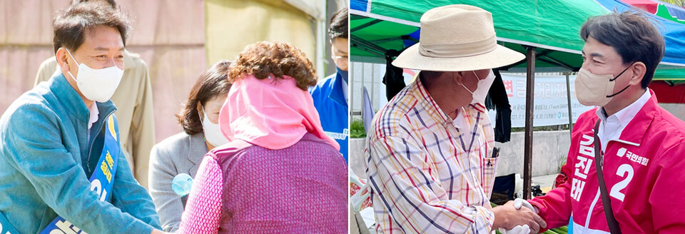 강원도지사 선거에 나선 더불어민주당 이광재 후보(왼쪽)와 국민의힘 김진태 후보가 시민을 만나 악수를 하며 지지를 호소하고 있다. /연합뉴스