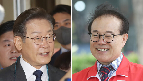 인천 계양을 국회의원 보궐선거에 출마한 더불어민주당 이재명 후보(왼쪽)와 국민의힘 윤형선 후보가 18일 각각 인천시 동구 현대시장과 계양구 계양구청 인근 사거리에서 시민들과 인사하고 있다. 이 후보는 최근 잇단 여론조사에서 윤 후보에 오차범위 내에서 뒤처지는 것으로 나타나고 있어 비상이 걸렸다. /연합뉴스