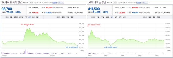 SK바이오사이언스는 지난 2021년 8월 20일 36만2000원 최고가 이후 6월 20일 종가 기준 9만8700원이다. LG에너지솔루션은 지난 2022년 1월 28일 59만8000원 최고가 이후 6월 20일 종가 기준 41만1500원이다. /네이버금융
