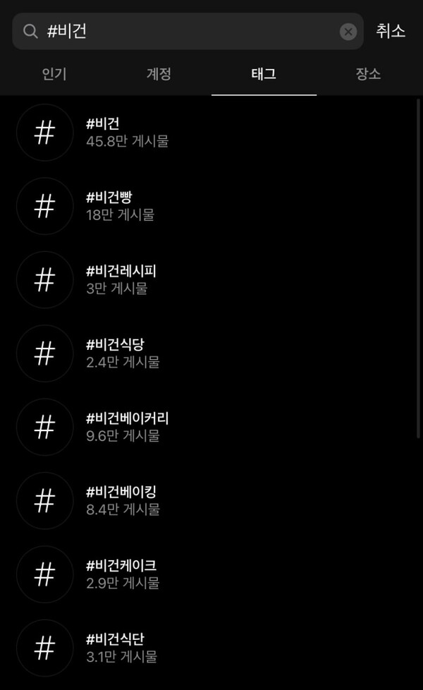 인스타그램 검색 탭에서 해시태그 기능을 사용해 ‘#비건’을 검색한 결과. /황영원