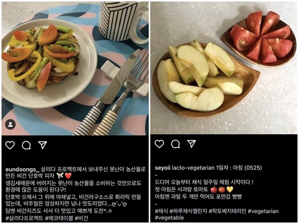 (왼쪽) 취재원의 인스타그램(@eundoongs_)에 직접 만든 비건 단호박 피자를 게시한 모습, (오른쪽) 취재원의 인스타그램(@seyoii)에 채식 체험 첫날 아침 식단을 게시한 모습. /황영원