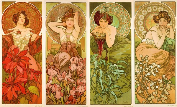 『네가지 보석; 토파즈, 루비, 자수정, 에메랄드』 알폰스 무하 作, 1900년경. 네가지 보석을 신비한 분위기의 여인으로 형상화했다.