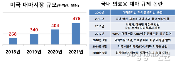 미국 대마시장 규모(왼쪽)와 국내 의료용 대마 규제 논란. /여성경제신문