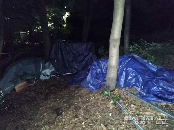 대통령 관저 예정지 후문 쪽에 위치한 매봉산 산책길에 공사 자재들이 천막에 덮여 있다. /김현우 기자