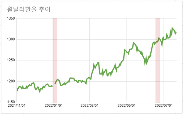 올해 들어 원달러 환율은 처음 1200원을 넘어섰고(1월 6일, 1201.4원), 6월 23일 1302.8원을 기록하며 13년 만에 1300원을 돌파했다. /자료=한국은행, 여성경제신문 재구성