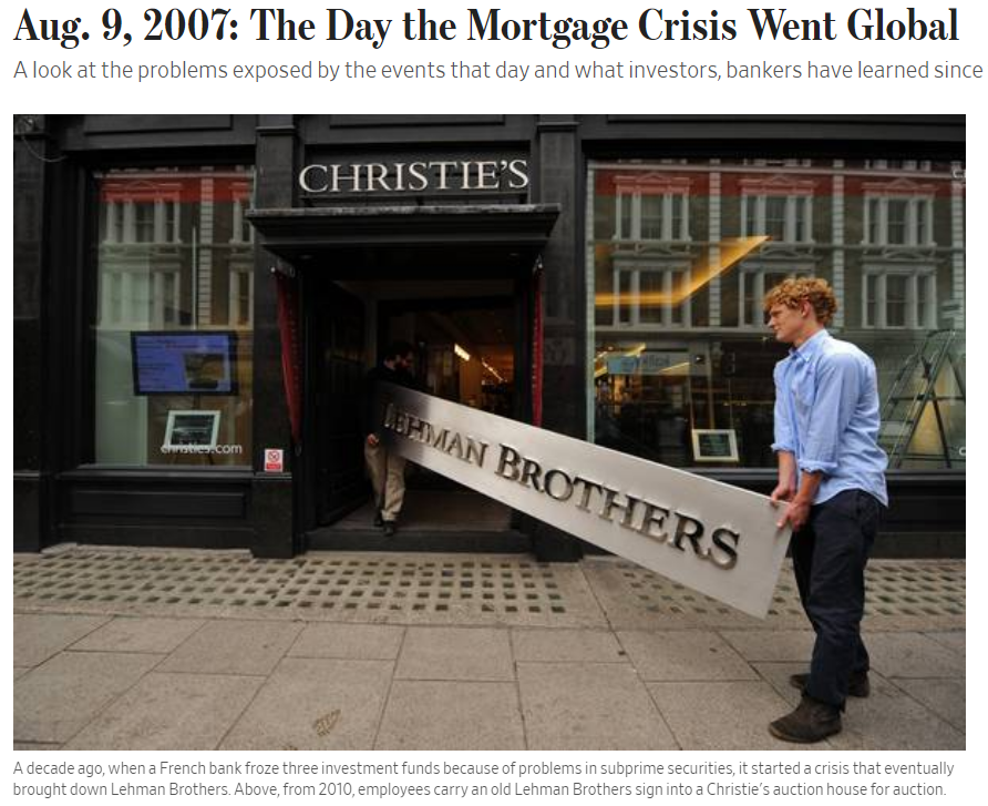 서브프라임 모기지 사태로 리먼 브라더스, 메릴린치 뿐 아니라 AIG와 같은 서브프라임 관련 회사들이 파산하거나 다른 회사에 인수됐다. 사진은 미국 월스트리트저널에서 2007년 8월 9일 '모기지 위기가 전 세계로 번진 날'이라고 보도된 모습. /WSJ 홈페이지