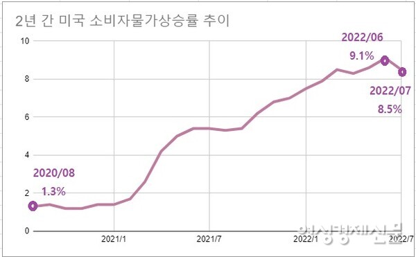 미국의 6월 소비자물가지수는 전년 동월 대비 9.1% 상승하며 41년 만에 최고치를 기록했다. 그러나 7월 소비자물가지수가 8.5%를 기록하면서 시장에는 물가 피크 아웃 기대감이 퍼졌다. /자료=미국 노동 통계국, 여성경제신문 재구성