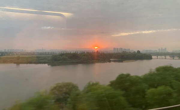 새벽기차를 타고 대구로 가던 중 기차 안에서 일출을 보게 되었다. /사진=민은미