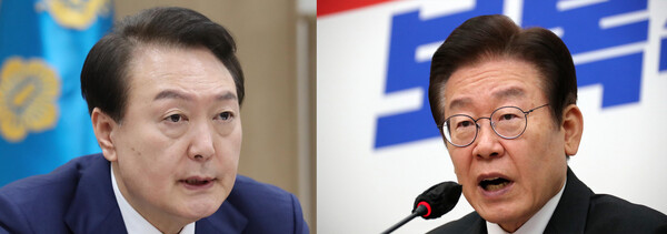 윤석열 대통령(왼쪽)이 사정 정국의 칼을 빼 들었다. 이재명 더불어민주당 대표(오른쪽)의 최측근인 김용 민주연구원 부원장을 전격 체포 구속해 정국은 대선자금 수사의 블랙홀로 빨려 들어가고 있다. /연합뉴스