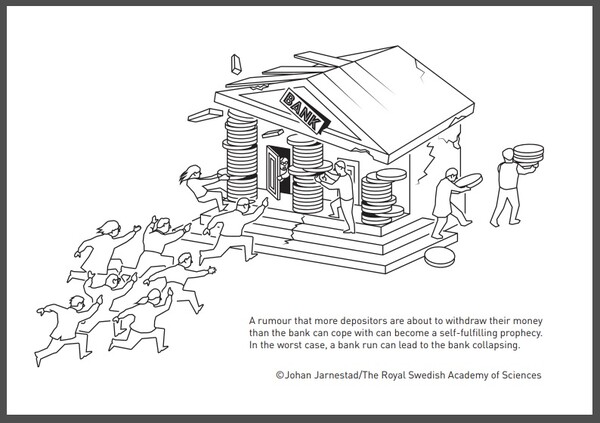 레고랜드발 채권 파동이 회사채 시장을 마비시키면서 뱅크런 양상을 일부 보이고 있다. 지난달 스웨덴 왕립 노벨위원회가 벤 버냉키 전 연방준비제도 이사회 의장을 2022년 노벨경제학상 수상자로 발표하면서 참고 자료로 첨부한 1930년대 대공황 상태 당시 뱅크런을 묘사한 그림. /노벨위원회