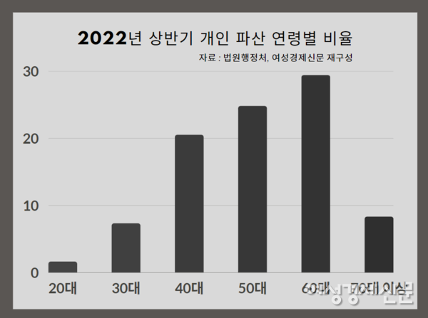 2022년 상반기, 60대 파산 신청 연령대별 비중(단위 :%). /법원행정처, 여성경제신문 재구성