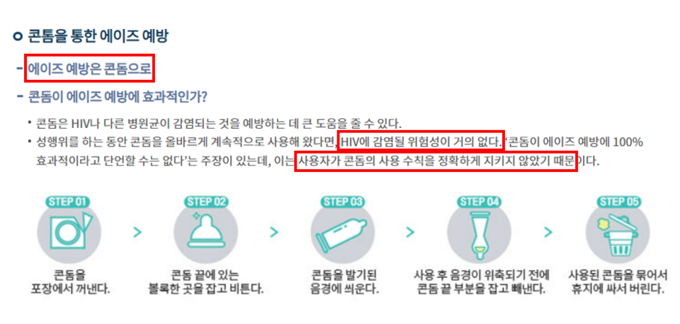 질병관리청은 콘돔 사용을 가장 대표적인 에이즈 예방 기준으로 삼고 있다. /질병관리청 홈페이지 재구성