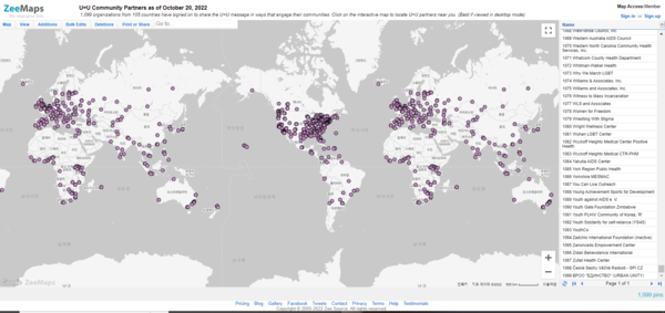 현재 105개국 1099개 단체가 '미검출=감염 불가(U=U)' 개념 확산 캠페인에 참여 중이다. /U=U Community Partners 지도