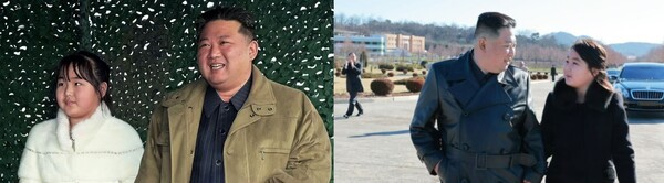 북한 조선중앙TV가 지난 19일 공개한 김정은 조선노동당 총비서와 그의 딸 김주애 모습(왼쪽)과 27일 공개한 부녀 모습. /조선중앙TV