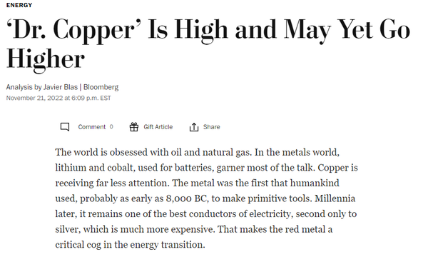 미국 일간 워싱턴포스트(WP)는 지난달 21일 ‘Dr. Copper Is High and May Yet Go Higher’라는 제목의 기사를 게재하기도 했다. /WP