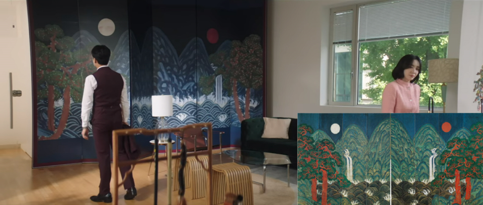 일월오봉도는 조선시대 궁궐에 놓였던 병풍으로 임금의 권위를 상징했다. 일월오봉도 중 하나인 '일월오악도 8곡병'은 현재 삼성미술관 리움이 소장하고 있다. /드라마=JTBC, 그림=삼성미술관 리움