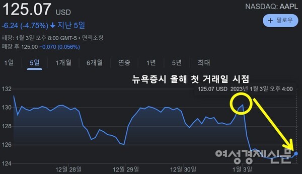 3일(현지시각) 종가 기준 애플 주가 추이. /구글 스탁, 여성경제신문 재구성