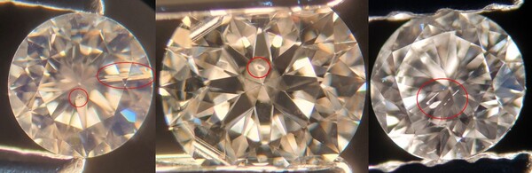 다이아몬드 내부를 20배율 확대한 사진. 다이아몬드 내부에는 또 다른 세계가 펼쳐진다. 천연 다이아몬드(왼쪽)의 내포물인 결정체(Xtl)와 페더(Ftr)가 보인다. 천연 다이아몬드를 고온고압으로 처리한 다이아몬드(중간)에는 상질의 컬러로 변화시키는 과정에서 결정체가 팽창하여 흰색의 타원형으로 확장되어 있다. 합성 다이아몬드(오른쪽)의 결정체는 천연과 비슷하지만 차이점이 발견된다. 구창식 원장은 보석의 내포물을 들여다보면 각양각색의 모습으로 속삭이는 듯하다고 말한다. /미래보석감정원