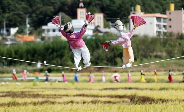 상대의 입장과 유사해 보이는 허위 진술(허수아비)로 상대의 진짜 입장을 대체한 뒤, 그것을 반박하고 공격하는 것을 허수아비 공격의 오류라고 한다. 전남 순천시 별량면의 논에 세워진 허수아비들. /연합뉴스 