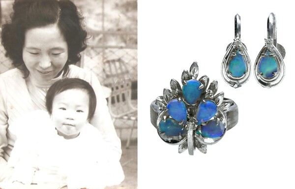 50년 전, 갓 돌이 지난 나를 안고 있는 당시 27살 엄마. 오팔 반지와 귀걸이(오른쪽). /민정윤 님, 미래보석감정원 제공