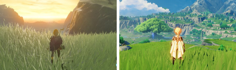 '젤다'(왼쪽)와 '원신'(오른쪽)의 플레이 화면 모습 /닌텐도, 호요버스 제공