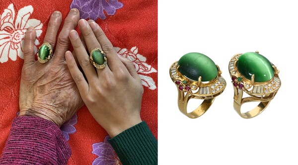92세 외할머니와 37세 손녀 김민주 님이 똑같이 생긴 알이 큼직한 초록색 반지를 낀 모습과 쌍둥이 반지. /김민주, 미래보석감정원 제공