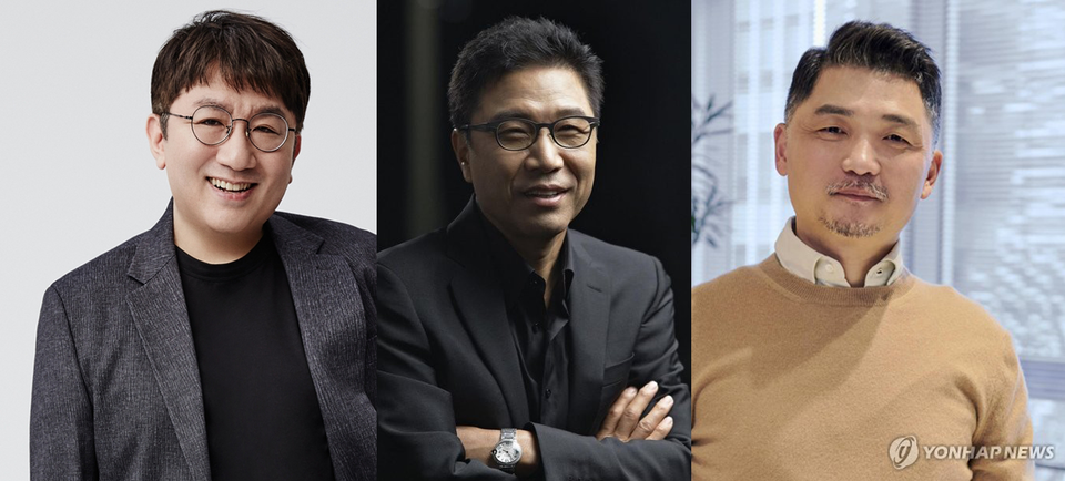 왼쪽부터 방시혁 하이브 의장, 이수만 전 SM 총괄, 김범수 카카오 미래이니셔티브센터장. /연합뉴스