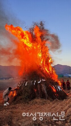 축원지를 단 새끼줄에 감긴 채 마을 사람들이 만든 달집이 활활 타오르고 있다. /사진=정진권
