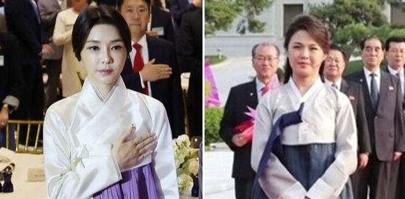(왼쪽) 김건희 여사가 2022년 9월 미국 뉴욕 시내 한 연회장에서 열린 동포간담회에서 한복을 입고 국민의례를 하고 있다. (오른쪽) 리설주가 2019년 6월 노동당 본부청사에서 시진핑 주석 부부를 기다리는 모습. /연합뉴스