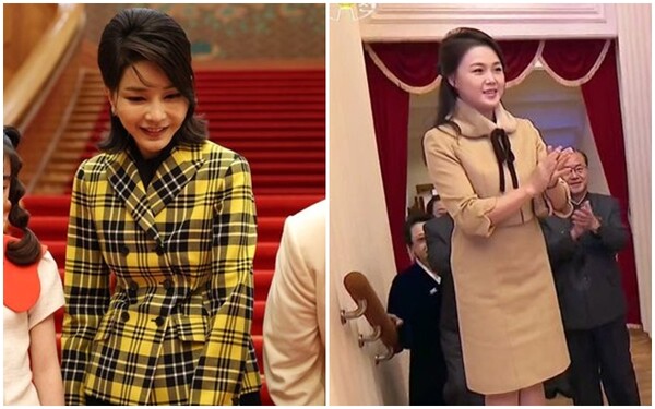 (왼쪽) 2022년 5월 디올 재킷을 입고 열린음악회에 참석했다. (오른쪽) 북한 리설주가 2020년 1월 삼지연극장에서 명절 기념공연을 관람했다. /강신업 변호사 페이스북·조선중앙TV 화면 캡처