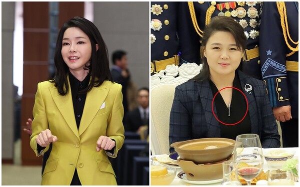 (왼쪽) 김건희 여사가 3일 서울 용산구 백범 김구기념관에서 열린 제3회 한국수어의 날 기념식에 입장하며 수어로 "안녕하세요"라고 인사하고 있다. (오른쪽) 북한 리설주가 지난 7일 건군절(2월 8일) 75주년 기념연회에서 ICBM '화성-17형'을 형상화한 목걸이를 착용했다. /연합뉴스