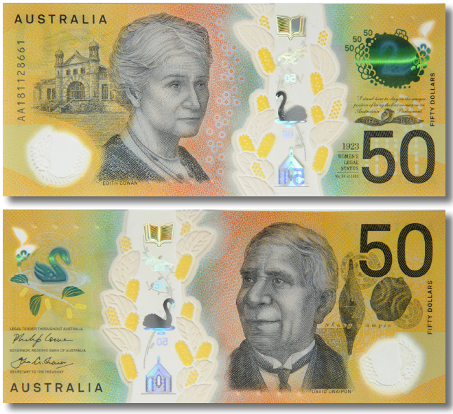 호주 화폐에는 한 면에 남성 인물이라면 다른 면에는 반드시 여성 인물이 들어간다. 위 지폐는 50달러 지폐로 호주 최초 여성 국회의원인 에디스 코완이 담겼다. 다른 면에는 호주 원주민 출신 발명가 겸 작가로 활동한 데이비드 유네이폰의 모습을 볼 수 있다. /한국은행 화폐박물관 제공