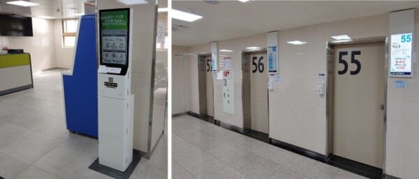 장애친화 산부인과’로 지정된 서울 영등포구 성애병원 산부인과 병동에 설치한 무인대기시스템. 무인접수대(왼쪽 사진)와 진료실 앞에 모니터 화면을 새로 설치해 청각장애인들이 별도의 호명 없이도 진료실을 찾을 수 있도록 했다. /성애병원