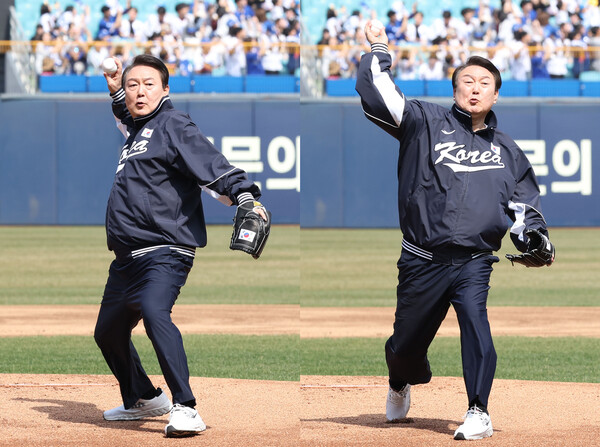 윤석열 대통령이 1일 대구 삼성라이온즈파크에서 열린 2023 프로야구 NC 다이노스와 삼성 라이온즈의 개막전에서 시구하고 있다. /연합뉴스