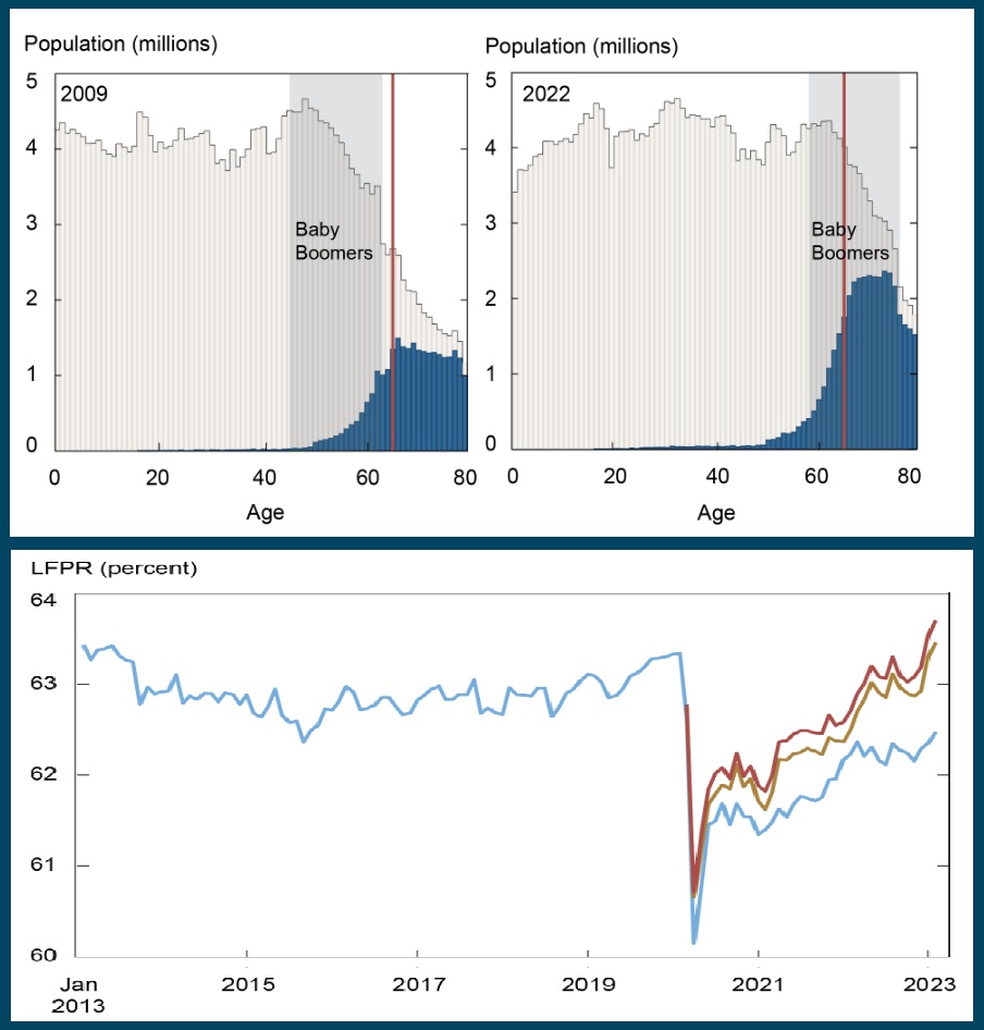 위쪽 그래프에서 회색 막대는 해당 연령의 미국 인구다. 빨간색 수직선은 정년 은퇴 연령인 65세를 표시하고 파란색 막대는 연령별 예상 퇴직자 수다. 아래 그래프에서 파란색 그래프는 실제 경제참가율(LFPR)이고 빨간색은 고령화에 따른 베이비부머 은퇴를 제외한 경제참가율이다. /뉴욕연방준비은행