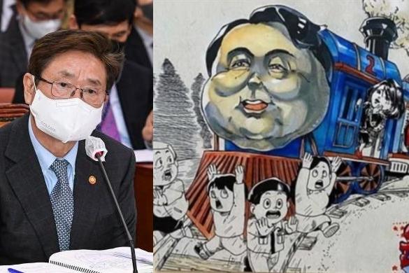 박보균 문화체육관광부 장관이 24일 오후 서울 여의도 국회에서 열린 문화체육관광위원회의 문화체육관광부, 문화재청, 그 소속기관, 공공기관 및 유관기관에 대한 국정감사 종합감사에서 의원들의 질의에 답하고 있다. 오른쪽 사진은 제23회 전국학생만화공모전 카툰 부문 금상 수상작 '윤석열차'. /연합뉴스, 온라인 커뮤니티 캡처