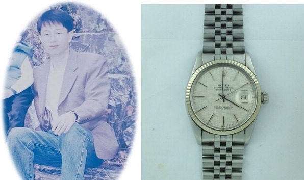 가죽 줄로 된 시계와 결혼반지로 보이는 반지를 착용한 아버지의 젊은 시절 사진(왼쪽)과 아버지의 롤렉스 시계. /김현우, 큐타임