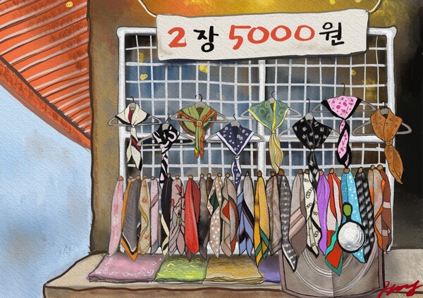 지금 남대문시장에서는 드라마의 인기를 반영하듯 저렴한 가격에 스카프가 불티나게 팔리고 있다. /그림=홍미옥, 갤럭시 노트20 울트라