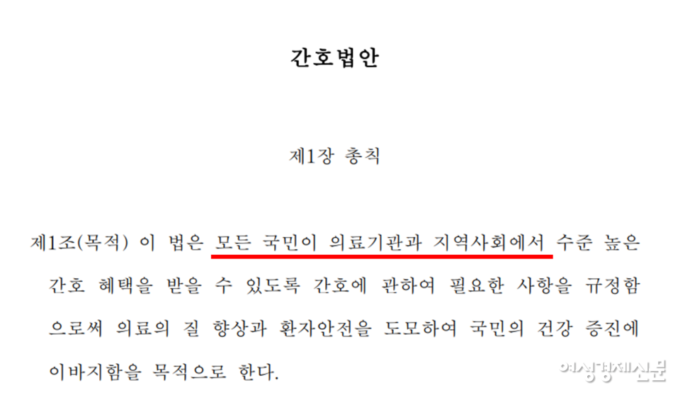 간호법안에는 지역사회에서 간호를 받을 수 있다고 명시하고 있다. 그 결과 비의료기관인 장기요양기관도 간호계의 입김이 작용할 전망이다. /국회 의안정보시스템 갈무리