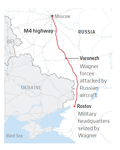 와그너 그룹의 모스크바 진격 루트. 