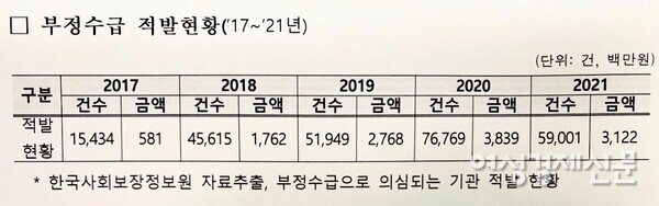 장애인활동지원서비스 전자바우처 부정수급 적발 현황. /한국사회보장정보원, 조명희 국민의힘 의원실