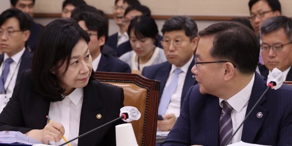 이노공 법무부 차관(왼쪽)과 박영재 법원행정처 차장이 지난 19일 오후 서울 여의도 국회에서 열린 법제사법위원회 법안심사제1소위원회에서 대화하고 있다. /연합뉴스