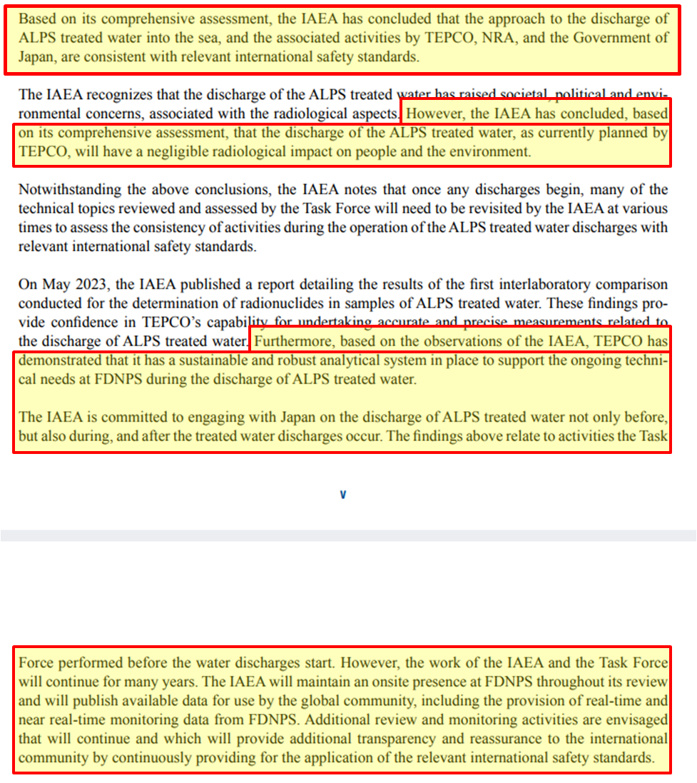IAEA는 처리수가 배출되기 전뿐만 아니라 배출되는 동안과 그 후에도 일본과 ‘협력’하겠다고 약속했다. 사진은 지난 4일 IAEA가 공개한 최종보고서. /IAEA