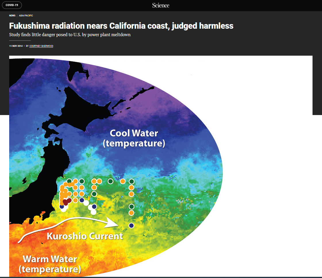 우즈홀 해양학 연구소는 2011년 6월 해수 샘플을 통해 후쿠시마 방사능의 초기 확산을 설명했다. 원으로 표시된 곳 중 파란색(군청색)은 낮은 방사능, 녹색은 보통, 노란색(주황색)은 중간, 빨간색(고동색)은 높은 방사능 수준을 나타낸다. /사이언스 캡처