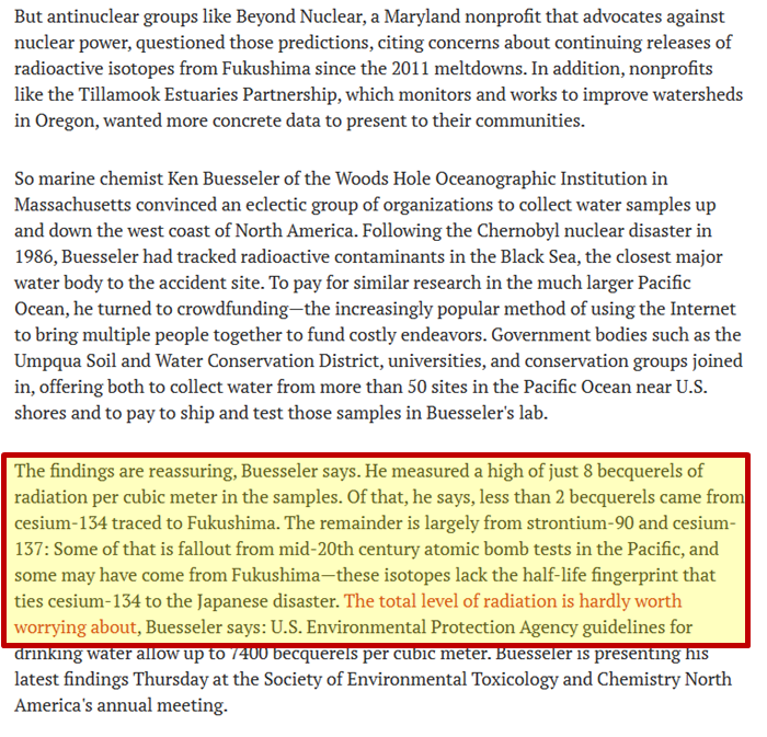 부셀러는 총방사능 수준은 걱정할 가치가 거의 없다면서 당시 환경 독성학 및 화학 학회 북미 연례 회의에서 최신 연구 결과를 발표했다고 사이언스지는 기록했다. /사이언스 캡처