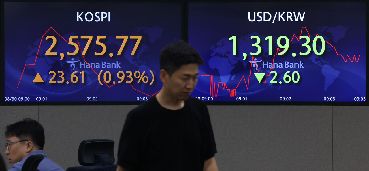 30일 오전 서울 중구 하나은행 딜링룸 전광판에 코스피 지수 등이 표시되고 있다. /연합뉴스