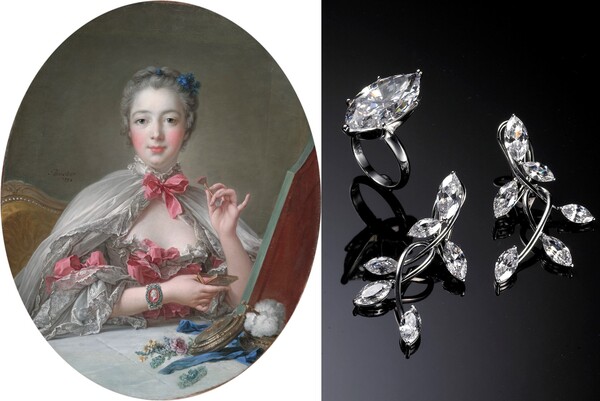 화장을 하는 퐁파두르 부인(Marquise de Pompadour at the Toilet-Table), 1750년~ 1758년경.  프랑스와 부셰, 퐁파두르 부인은 루이 15세의 초상이 새겨진 카메오 팔찌를 하고 있다. 전체가 마퀴즈 컷 다이아몬드로 이루어진 귀걸이와 반지(오른쪽) /Public Domain, 김종목 주얼리